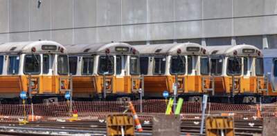 MBTA Orange Line cars sit at the Wellington train yard in Medford. (Jesse Costa/WBUR)
