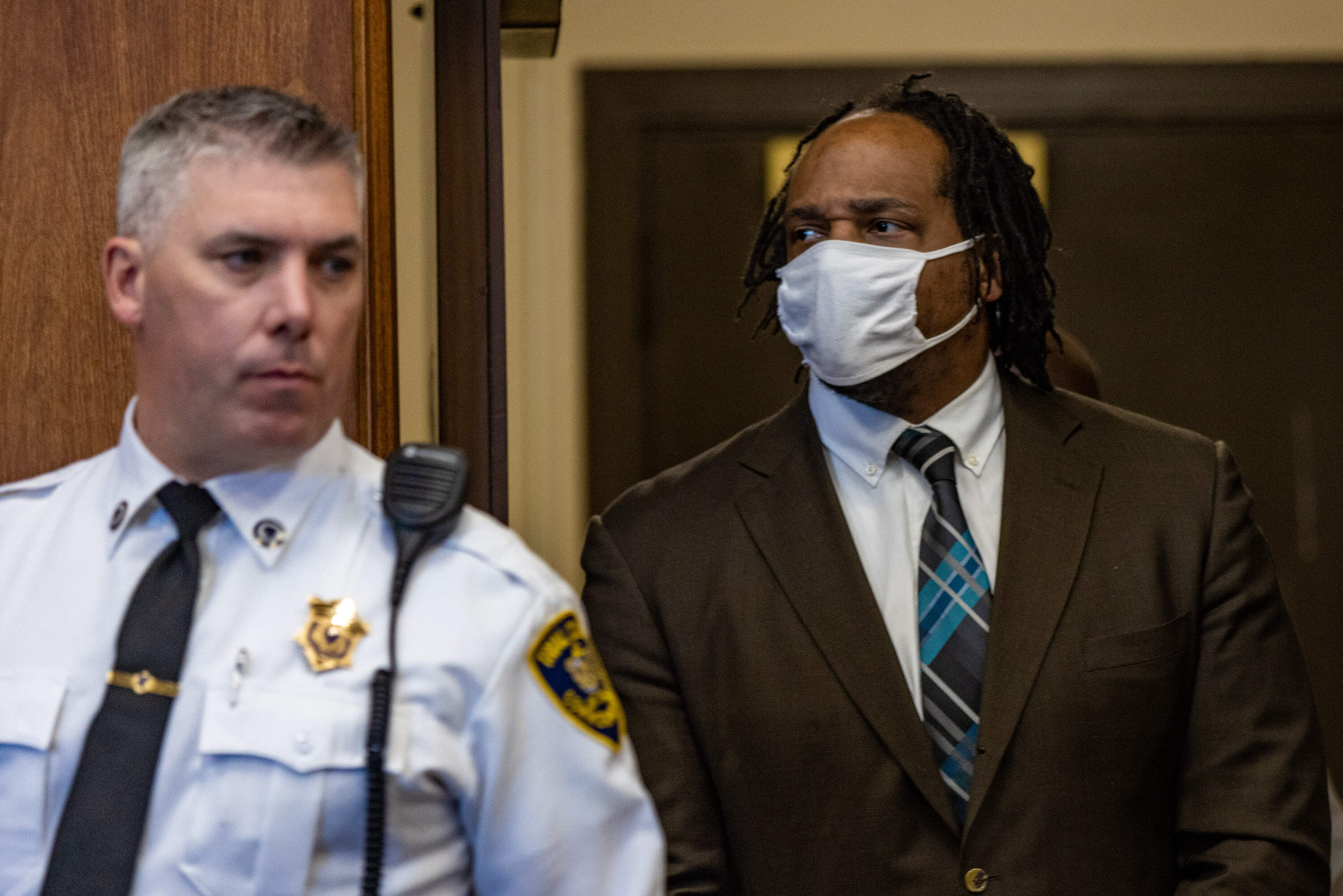 Alvin Campbell is brought in handcuffs into Suffolk Superior Court in 2023. (Jesse Costa/WBUR)