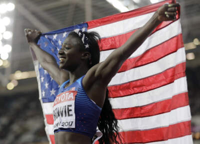 United States' Tori Bowie celebrates after winning the gold medal in the Women's 100m final during the World Athletics Championships in London Sunday, Aug. 6, 2017. (David J. Phillip/AP)