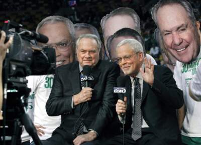 Boston Celtics broadcasters Tommy Heinsohn, left, and Mike Gorman speak on camera. (Elise Amendola/AP)