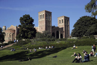 Students sit on the lawn near Royce Hall at the University of California, Los Angeles, in the Westwood section of Los Angeles. (Jae C. Hong/AP)