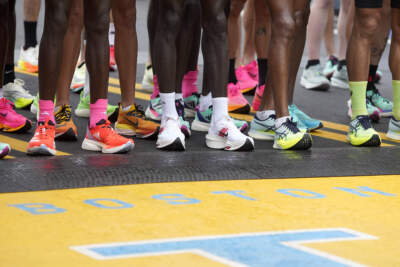 Elite men are seen as they step up to the starting line during the Boston Marathon on Patriots' Day in 2023. (Mary Schwalm/AP)