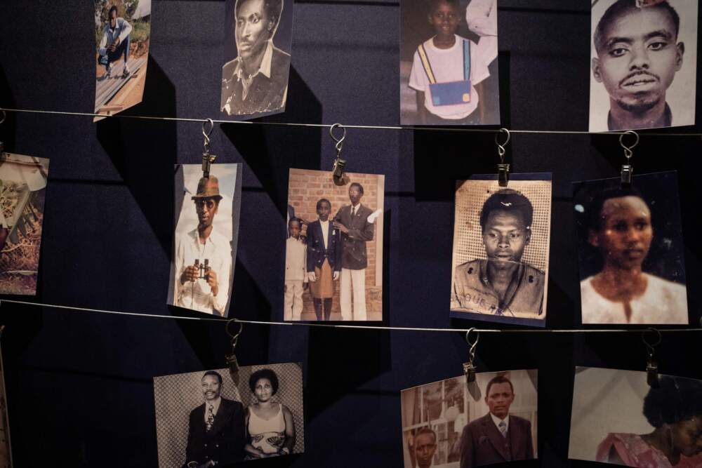 Victims pictures are displayed at the Kigali Genocide Memorial in Kigali, Rwanda, on April 7, 2021. (Simon Wohlfahrt / AFP/AFP via Getty Images)