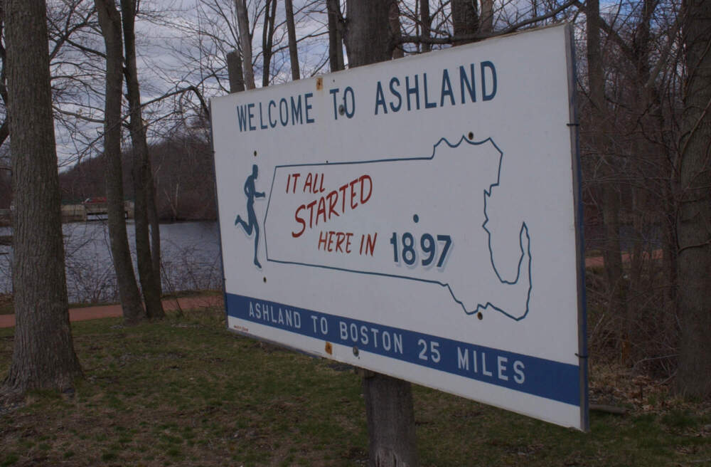 A sign in Ashland marking that the town was the original starting point of the Boston Marathon, pictured here in 2006. (Ted Fitzgerald/MediaNews Group/Boston Herald via Getty Images)