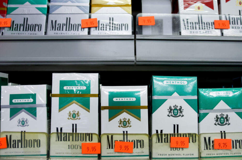 Packs of menthol cigarettes are displayed for sale in a smoke shop on April 28, 2022 in Los Angeles, California. (Mario Tama/Getty Images)