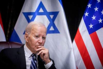 US President Joe Biden joins Israel's Prime Minister for the start of the Israeli war cabinet meeting, in Tel Aviv on October 18, 2023, amid the ongoing battles between Israel and the Palestinian group Hamas.  (Miriam Alster/POOL/AFP via Getty Images)