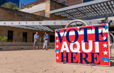 A voting sign written in Spanish and English is seen during the presidential primary in Austin, Texas on March 5, 2024. (Suzanne Cordeiro/AFP via Getty Images)