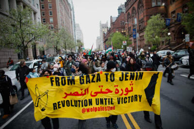 Pro-Palestinian protesters march outside Columbia University in New York City on April 18, 2024. (Kena Betancur/AFP via Getty Images)