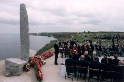 President Ronald Reagan delivers a speech commemorating the Fortieth Anniversary of D-Day, at the site of the Allied invasion, Pointe Du Hoc, Normandy, France. (Ronald Reagan Library/Getty Images)