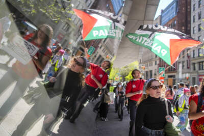 The New School students and pro-Palestinian supporters rally outside The New School University Center building, Monday, April 22, 2024, in New York. (Mary Altaffer/AP)