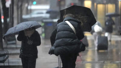 Commuters walk with umbrellas through wind-driven rain near South Station, Thursday, April 4, 2024, in Boston. (Charles Krupa/AP)
