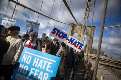 People take part in a march crossing the Brooklyn Bridge in solidarity with the Jewish community in 2020 after a string of antisemitic attacks throughout the greater New York area, on Sunday, Jan. 5, 2020. (Eduardo Munoz Alvarez/AP)
