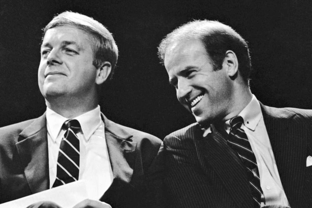 Former Maine Gov. Joseph Brennan, left, enjoys a laugh with then-U.S. Sen. Joseph Biden of Delaware in Augusta, Maine on Sept. 30, 1983. (Pat Wellenbach/AP file photo)