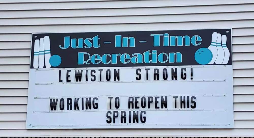 The signboard outside of Just-in-Time Recreation. (Susan Sharon/Maine Public)