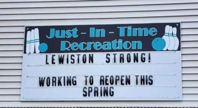 The signboard outside of Just-in-Time Recreation. (Susan Sharon/Maine Public)