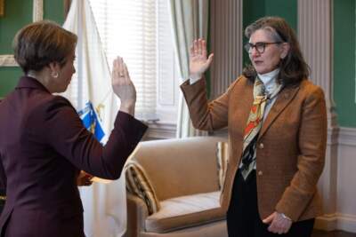 Justice Gabrielle Wolohojian takes her oaths of office to join the Supreme Judicial Court bench in a small ceremony in Gov. Maura Healey's office on April 22, 2024. (Sam Doran/SHNS)
