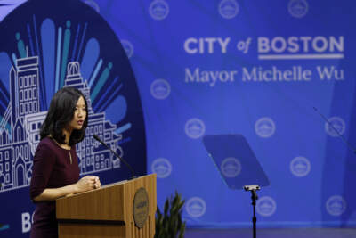 Boston Mayor Michelle Wu delivers the State of the City address at MGM Music Hall. (Danielle Parhizkaran/The Boston Globe via Getty Images)