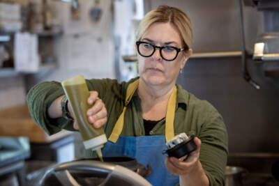 Chef Ana Sortun in the kitchen at Oleana, her restaurant in Cambridge, Mass. (Robin Lubbock/WBUR)