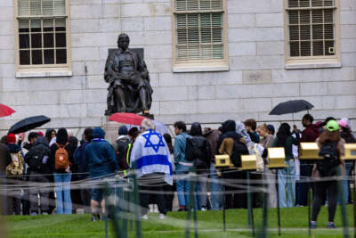 Protesters gather in front of the John Harvard Statue in Harvard Yard during a rally in support of a banned pro-Palestine group. (Jesse Costa/WBUR)
