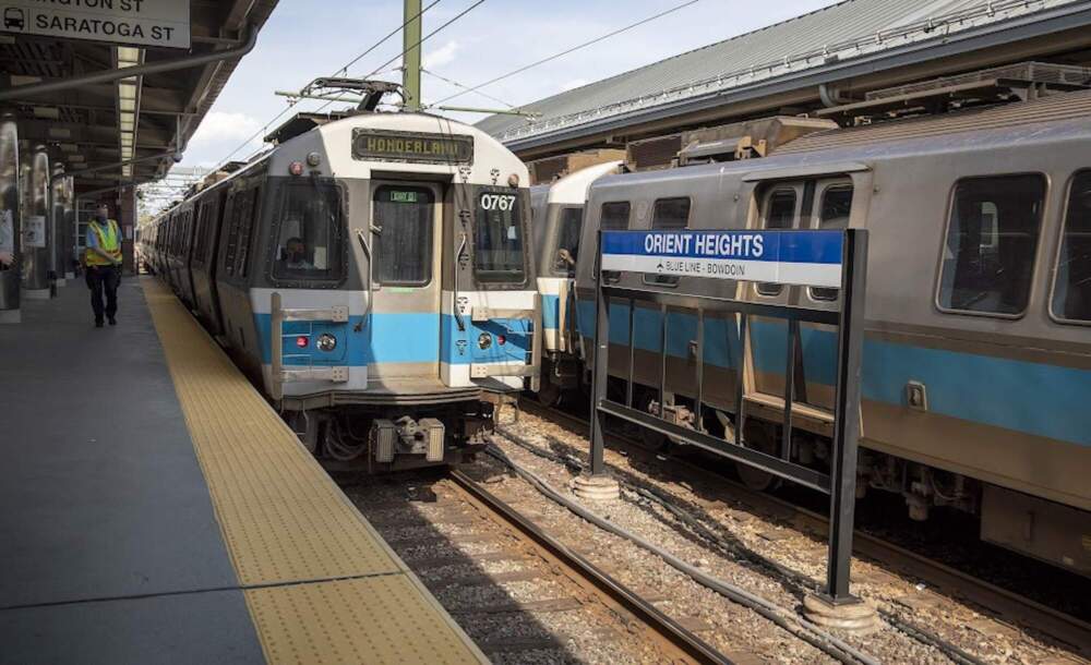 MBTA Blue Line trains at Orient Heights Station. (Robin Lubbock/WBUR)