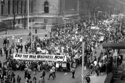 Anti-Vietnam war protesters march down Fifth Avenue near to 81st Street in New York City on April 27, 1968, in protest against U.S. involvement in the Vietnamese war.  The demonstrators are en route to nearby Central Park for mass &quot;Stop the war&quot; rally.  (AP)
