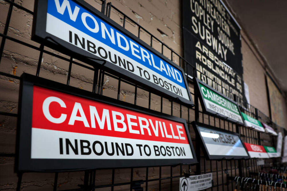 A mock MBTA sign for the fictitious &quot;Camberville&quot; T stop is displayed at WardMaps in Cambridge. (Craig F. Walker/The Boston Globe via Getty Images)