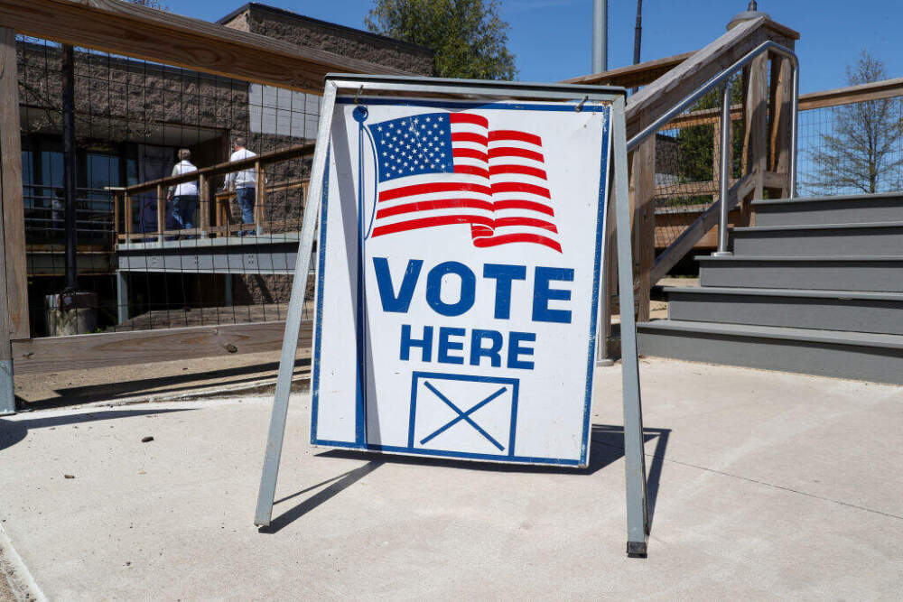 A &quot;vote here&quot; sign is seen at the Danville Area Community Center which serves as the polling place for Danville's Second Ward in Montour County. Pennsylvania's primary election is being held on Tuesday, April 23, 2024. (Paul Weaver/SOPA Images/LightRocket via Getty Images)