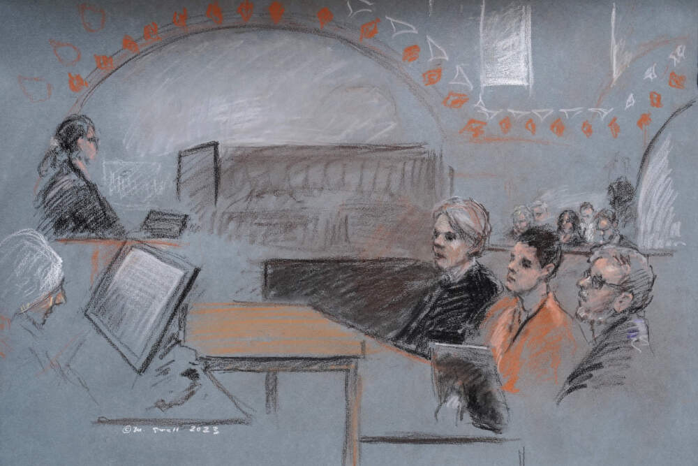 In this artist depiction, Massachusetts Air National Guardsman Jack Teixeira, seated second from right, appears in U.S. District Court, in Boston, April 19, 2023. (Margaret Small via AP)