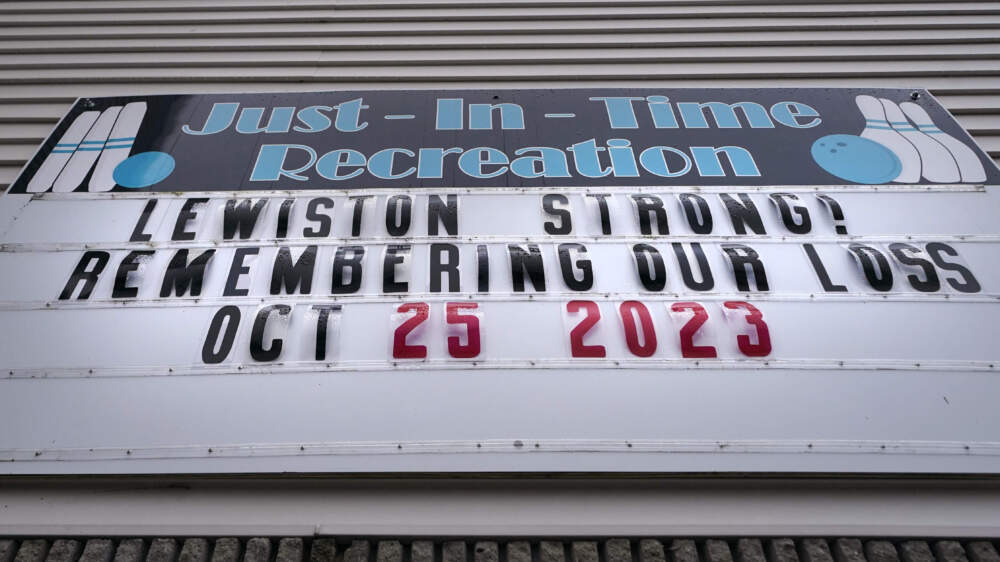 A sign stating "Lewiston Strong!" is displayed outside the Just-In-Time bowling alley, one of the sites of the Lewiston shootings, Wednesday, Dec. 27, 2023, in Lewiston, Maine. (Charles Krupa/AP)