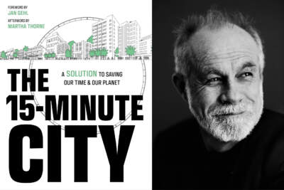 The cover of &quot;The 15-Minute City: A Solution to Saving Our Time and Our Planet&quot; beside author Carlos Moreno. (Courtesy)