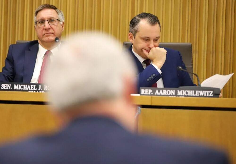 Senate and House budget chiefs Sen. Michael Rodrigues and Rep. Aaron Michlewitz listened to testimony at a Ways and Means budget hearing on Feb. 11, 2020. (Sam Doran/SHNS)