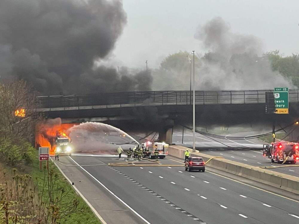 Firefighters battle a gas tanker fire on I-95 in Norwalk, Connecticut. (Photo courtesy Norwalk Police Department)