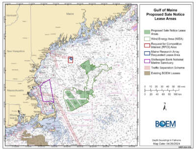 This map from the Bureau of Ocean Energy Management shows eight proposed sites where it may eventually solicit bids from commercial offshore wind developers. (Bureau Of Ocean Energy Management via Maine Public)
